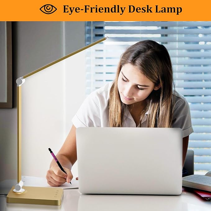 LED Desk Lamp with USB Ports,Touch Desk Lamps for Home Office with 5 Color Modes,3 Brightness Desk Light with Small Night Light,Reading Lamp Table Lamp for Bedroom Bedside Study Gold （with adapter）