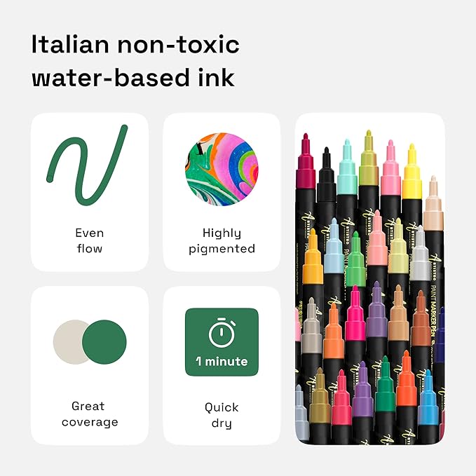 ARTISTRO 30 Colors Acrylic Paint Pens, Art Set Acrylic Paint Markers, Fabric Markers for Textile, Canvas, Rock, Glass, Wood, Paper, DIY, Paint Markers for Kids and Adults, Fine