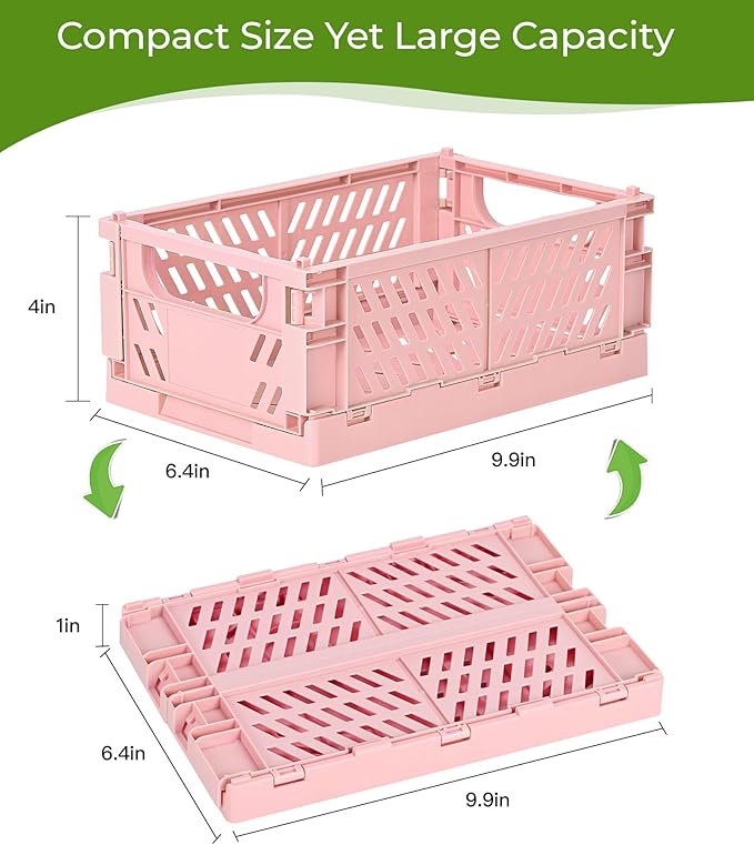 4-Pack Small Pastel Plastic Storage Baskets, Collapsible Crates for Organizing, Space-Saving Mini Bins for Classroom, Kitchen, Office, Bedroom (Pink, 9.8" x 6.5" x 3.8")