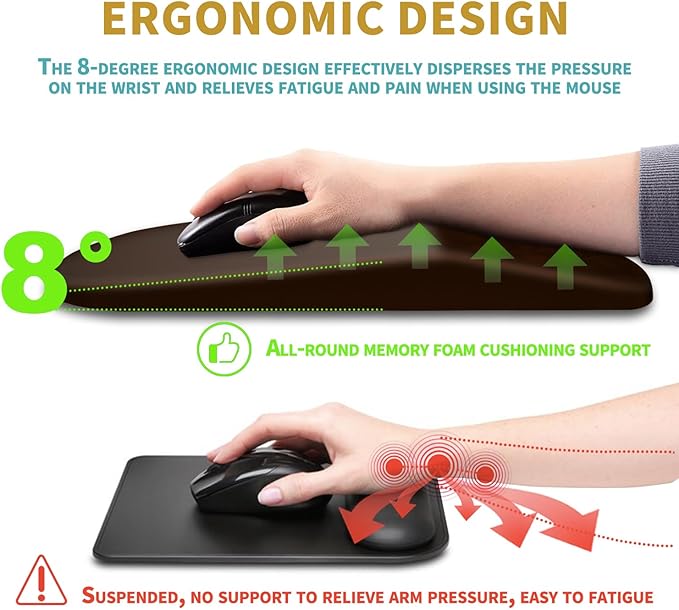 Hokafenle Ergonomic Mouse Pad Wrist Support with Massage Design, Wrist Rest Pain Relief Mousepad with Memory Foam&Non-Slip PU Base, Mouse Pads for Wireless Mouse & Desk (12x8 inch,Brown)