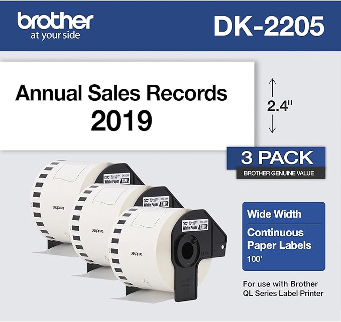 Brother Genuine, DK-22053PK Continuous Paper Label Roll, Cut-to-Length Label, 2.4” x 100 Feet, (3) Rolls Per Box, White (DK22053PK)