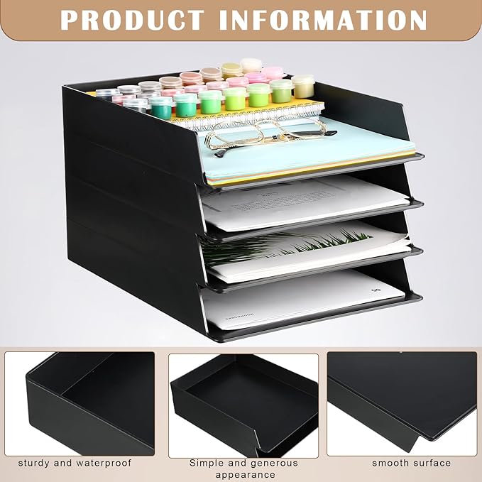 Wenqik 12 Pcs Stackable Paper Trays Rectangular Plastic Desk Tray Holder Desktop Document File Paper Organizer Plastic Storage Letter Tray for Office Classroom, Black