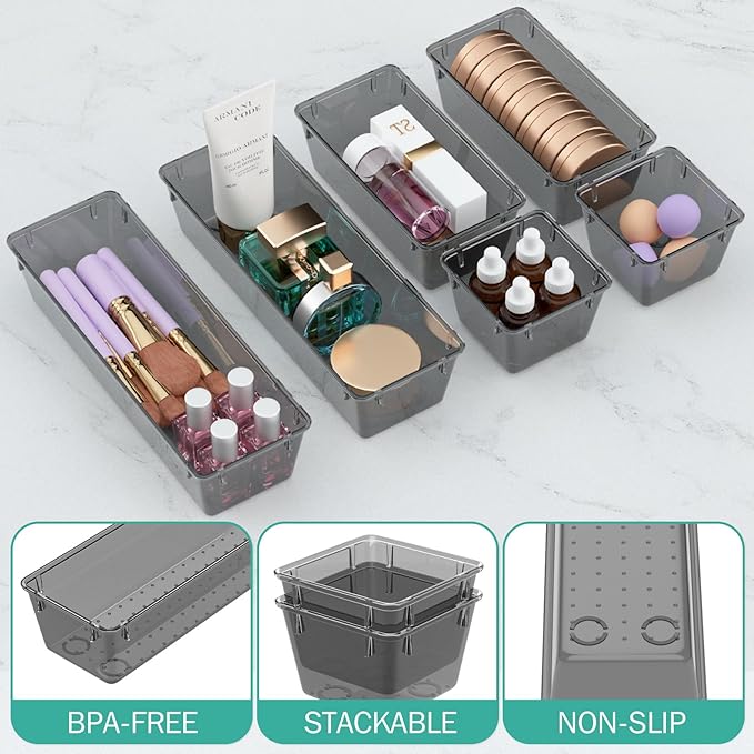 WOWBOX 9 Pack Clear Drawer Organizer Set, Acrylic Drawer Storage Trays, Storage Bins for Makeup, Cosmetics, Jewelries, Utensils, Gadgets, Office, Black