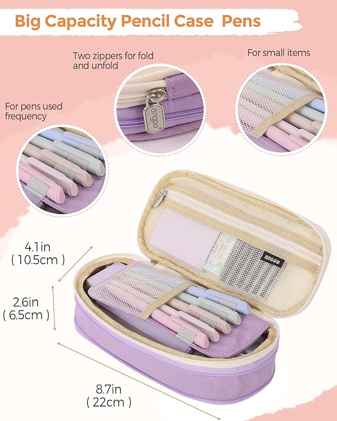 SKYDUE Cute School Supplies 44 PCS, Aesthetic Pencil Case with 12 Pastel Highlighters, 5 Black Gel Pens, 6 Color Gel Pens & Mechanical Pencils, College Essentials Students Stationary Set Purple