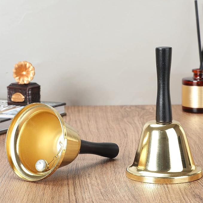 MROCO Gold Hand Bell, 2 Pack Steel Call Bell for Wedding, Adults, Dinner Bells for Food Line, Classroom Bells for Inside, Alarm, Jingles, Ringing