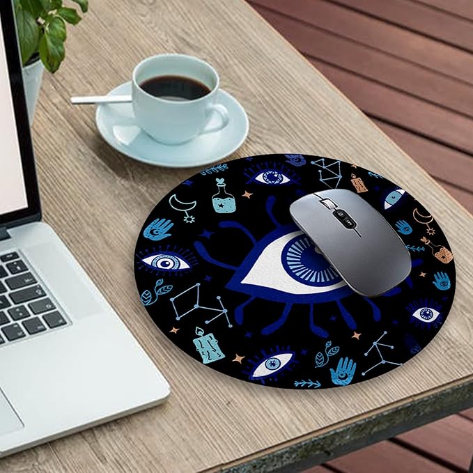 Evil Eye Round Mouse Pads for Desk, Cute Small Mousepad for Laptop Gaming Men, with Stitched Edge Non-Slip Rubber Base, Evil Eye Home Office Decor Desk Accessories Cute Office Supplies Gift for Women