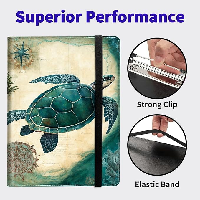 Turtle Padfolio Folder with Clipboard,Portfolios Organizer Clipboards with Storage Clipboard Writing Pad PU Leather Conference Document Organizer with Business Card Holder