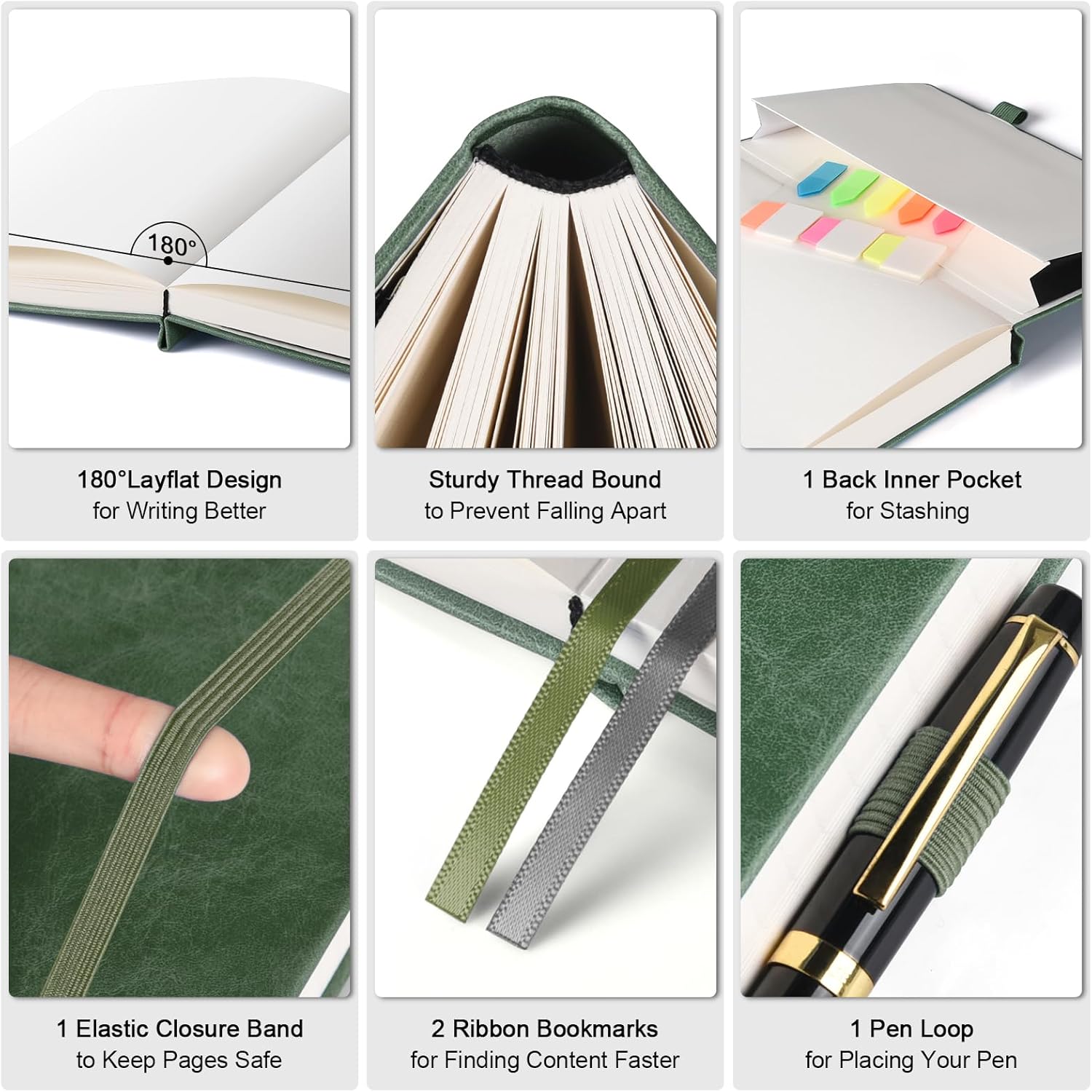 Graph Paper Notebook, 312 Numbered Pages Large A5 Hardcover Leather Journal, 100gsm No Bleed Grid Paper Notebook with Index Pages, Grid Notebook for Graphing Notes Math, 5.75" x 8.38", Green