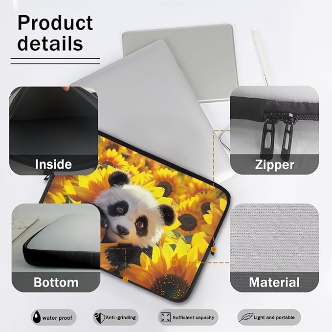 Sunflower Panda Printed Laptop Briefcase for Women Men, Waterproof Laptop Case Bag Laptop Case for 10 Inch, Lightweight Computer Carrying Cover with Zipper for Office Business Traveling