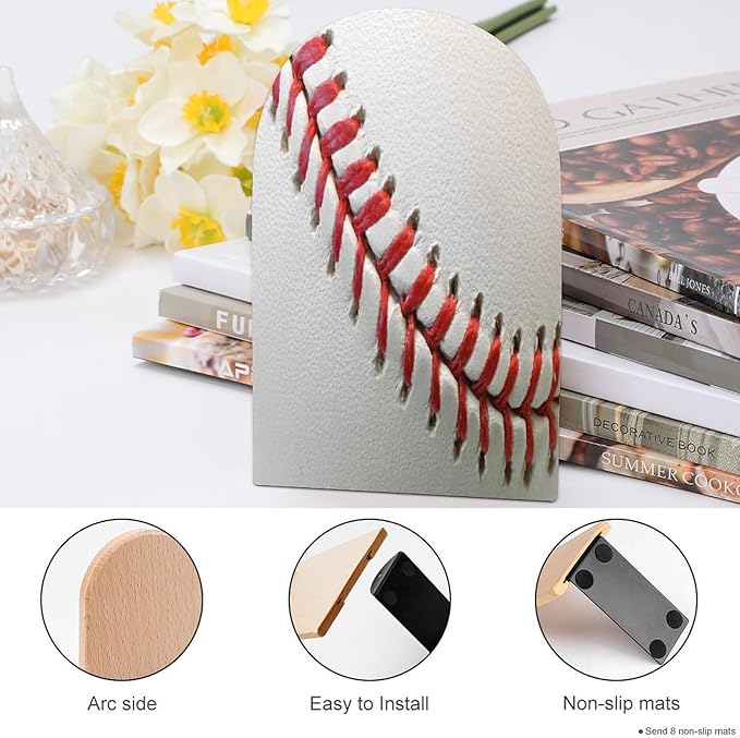 Sport Ball Baseball Lace Wooden Large Book Ends Bookends for Shelves, 2 Pack Non-Skid Bookends for Heave Books, Book Stoppers Holders for Kitchen Office Library, 6.7x4.7x3.9in