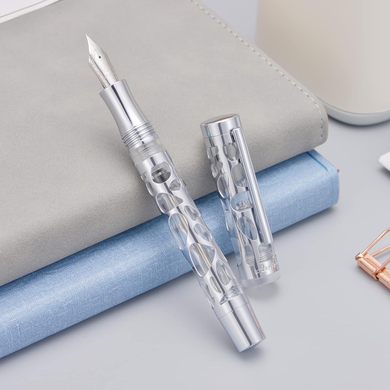 Asvine V169 Vacuum Filling Fountain Pen Extra Fine Nib, Water Drop Skeleton Transparent Clear Acrylic Pen Case Set