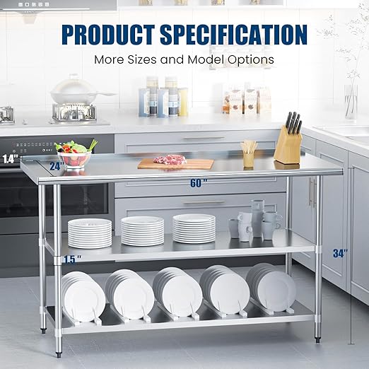 Stainless Steel Table 24 x 60 Inches Metal Work Table with 2 Adjustable Undershelves & Backsplash for Commercial Kitchen, Outdoor, Restaurant, Hotel & Garage