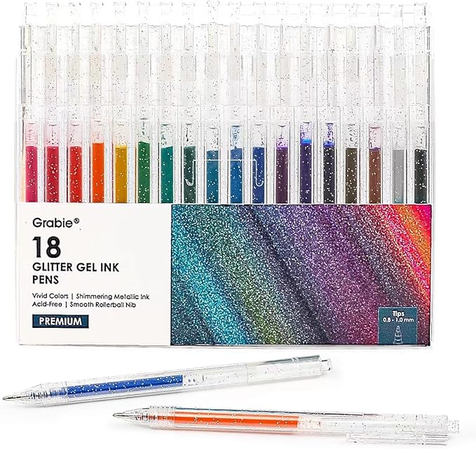 Grabie glitter gel pens 18 Colors,Metallic Vibrant Sparkle gel pens for coloring,Retractable Sparkle glitter markers,glitter pens for adults,colored gel pens for Adult Coloring Books and Drawing