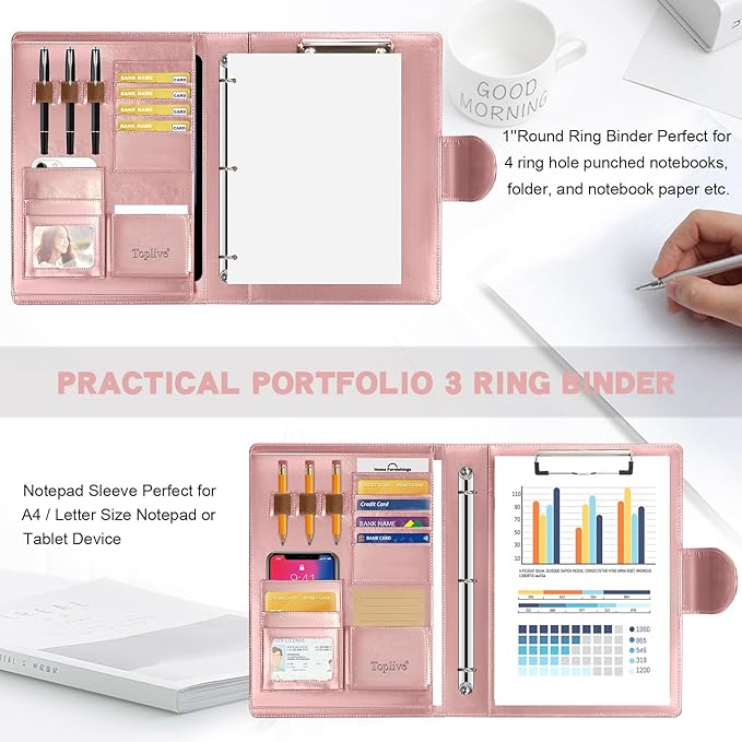 Toplive Portfolio 3 Ring Binder Padfolio Folder, Business Interview Resume Portfolio for Women Men A4/Letter Size Document Organizer with Clipboard Receipt Sleeve Card Holder, Rose Gold