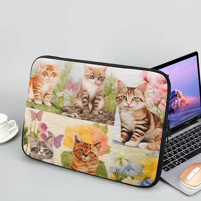 Cat Floral Printed Computer Case Bag for Girls Boys, Washable 13 Inch Laptop Bag Carrying Case Cute Laptop Briefcase Neoprene with Zipper, Compatible with Various Computers