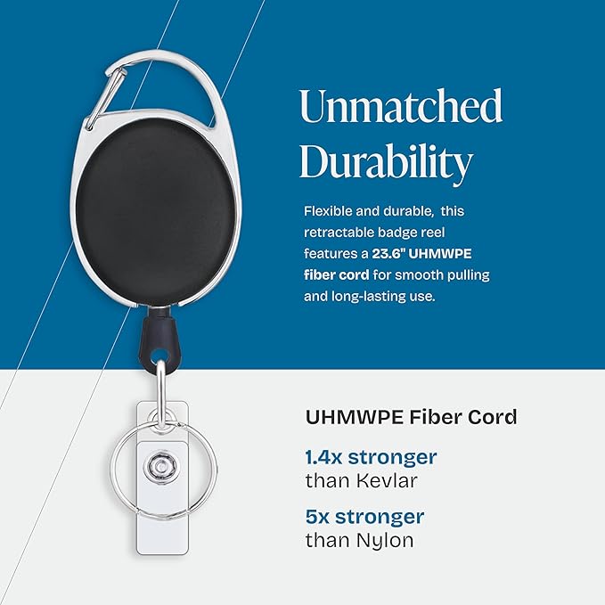 Will Well ID Badge Holders with Clip and Keyring - Horizontal Clear Plastic 3.7" x 2.5" Sleeves Fit Up to 3 Cards - Easy-Access Retractable 24" UHMWPE Fiber Pull Cords - 10-Pack, Black Reels