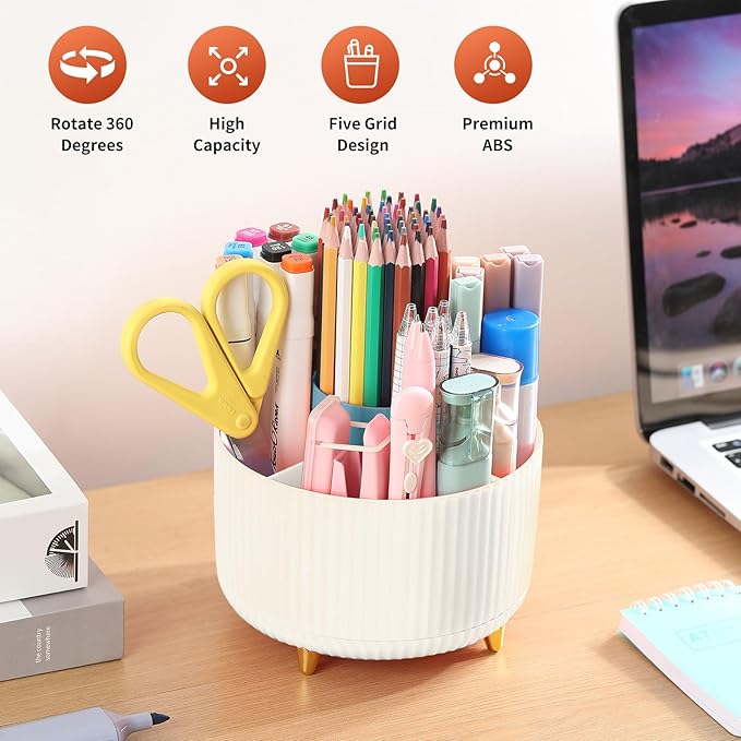 Desk Pencil Pen Holder, 5 Slots 360°Degree Rotating Pencil Pen Organizers for Desk, Desktop Storage Stationery Supplies Organizer, Cute Pencil Cup Pot for Office, School, Home, Art Supply, Beige