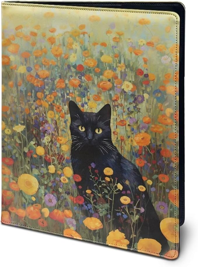 Black Cat Flower Portfolio Folder Leather Padfolio with A4 Size Clipboard Clip for Business Resume Interview Document Sleeve Binder Folder for Men/Women