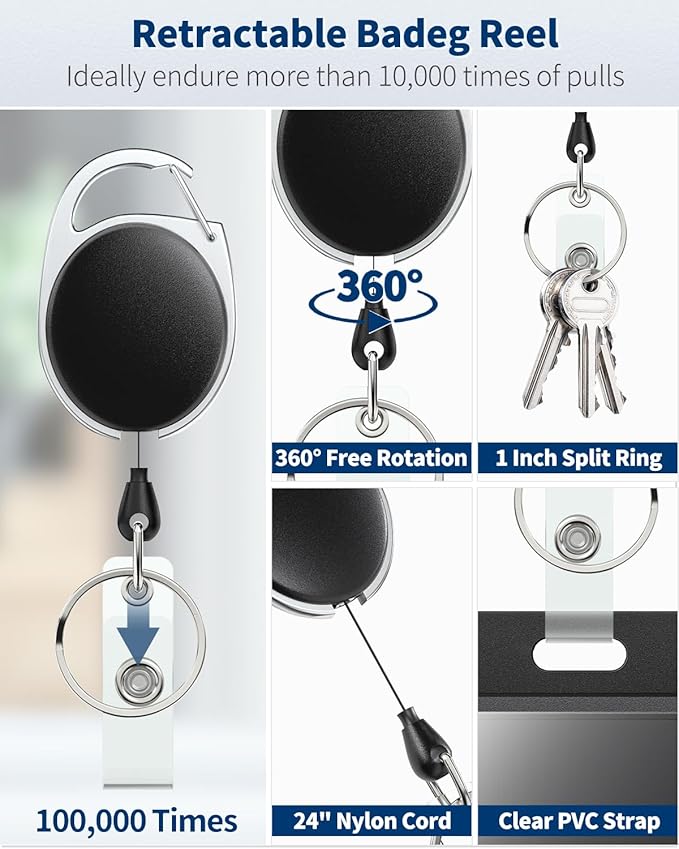 Uniclife 2 Pack Sliding Badge Holder Hard Black Vertical Plastic Card Case Protector with Retractable Badge Reel Carabiner for Office School ID Credit Proximity Key Card Driver’s License and Pass