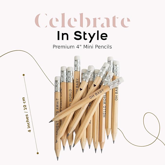 Markt Mini Pencils For Baby Shower Games For Girl Or Boy, Heart Pencils, Small Pencil Set (Wood)