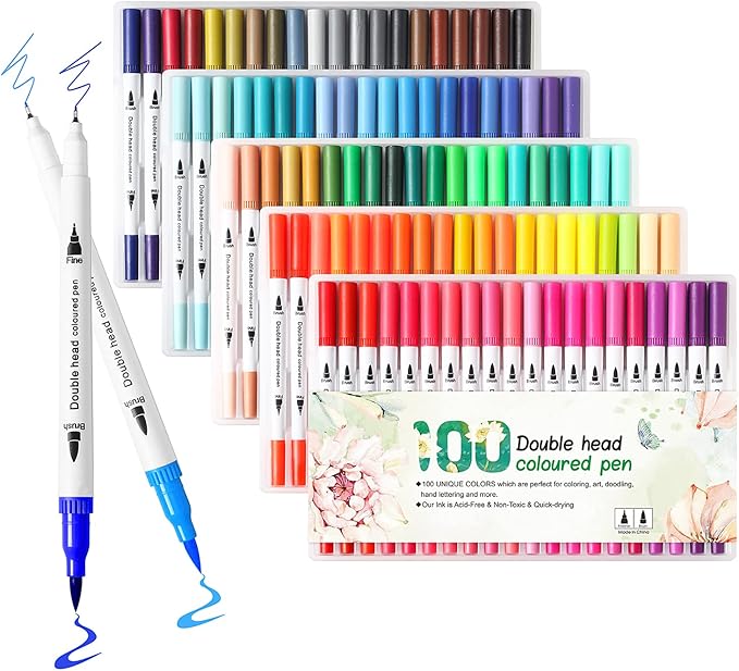 100 Colors Art Markers for Coloring,Coloring Pens,Dual Brush Tip Markers for Kids Adult Drawing,Fine Tip Pens for Art,Journaling,Doodling & Lettering