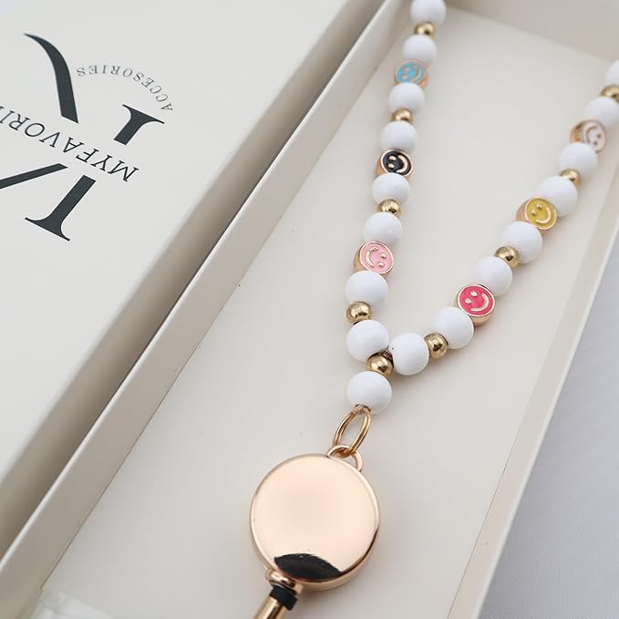 Smile Teacher Lanyard for Women with Retractable ID Badge Reel and Keychain Cute Happy Beads Lanyard