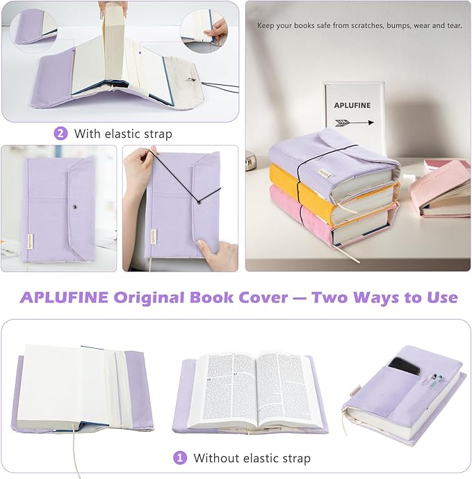 Canvas Book Covers, Washable Book Protector, Book Cover for Paperback Novels, Adjustable Book Cover for Hardcover with Pockets for Pen, Soft Cover Books, Book Lovers Gifts