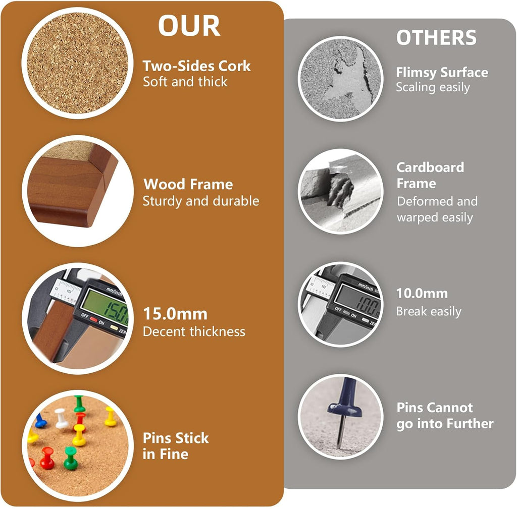 Cork Boards for Wall 16” x 24”, Extra Wide Wooden Framed Bulletin Board, Decorative Hanging Pin Board, Corkboards for Wall Notice Board Memo Board for Home, School, Office, Two-Sides Cork