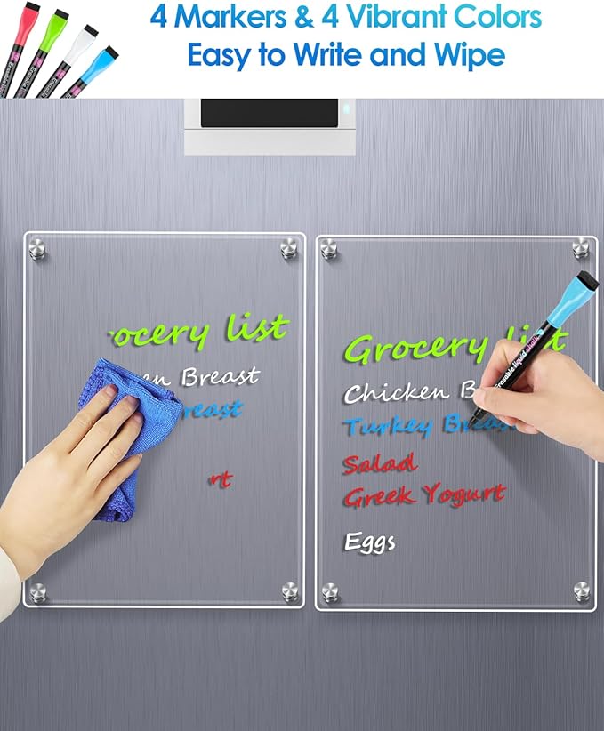 MaxGear Small Magnetic Dry Erase Board for Refrigerator, 12"X 8" Acrylic Magnetic Whiteboard for Fridge Clear White Board Kitchen Menu Board Memo Note Planner, Includes 4 Markers, 1 Cloth
