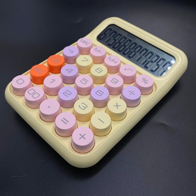 Colorful Candy Calculator, Yellow Cute Typewriter-Inspired Mechanical Key, Large Screen, Round Button, Vintage Aesthetic, Portable, Easy-to-use Desk Accessories for Office School Home for Women Girls