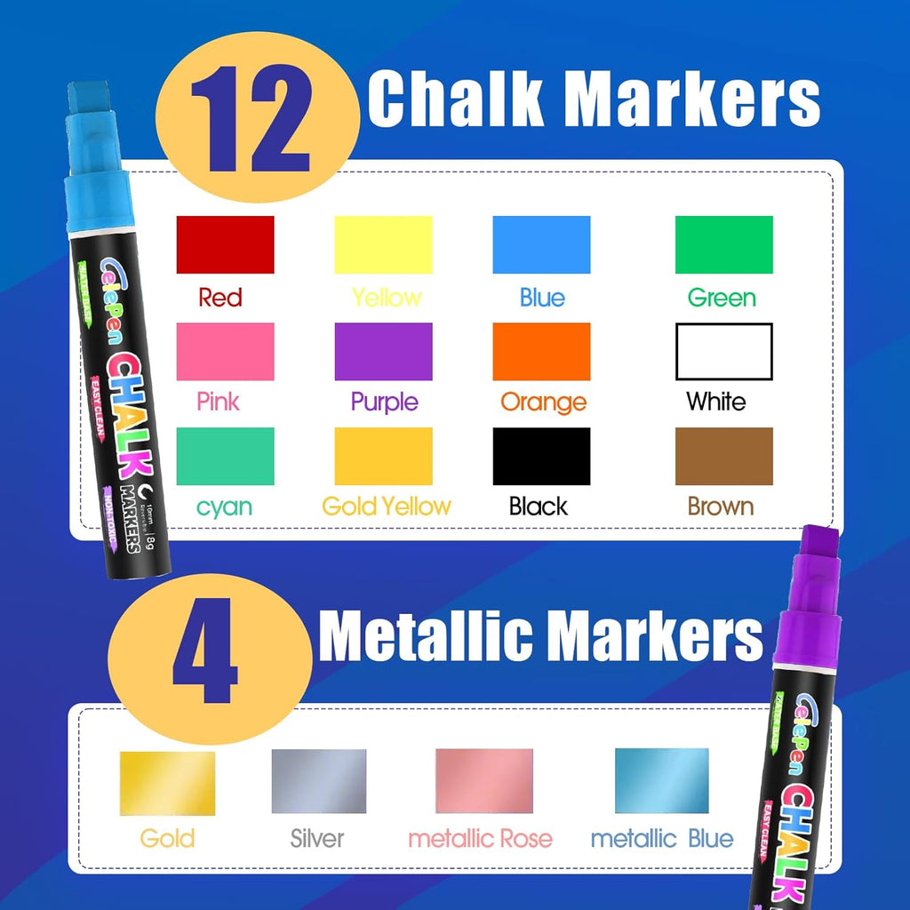 Window Chalk Markers for Cars Glass Washable, 16 Colors Jumbo Liquid Chalk Marker Pens with 10mm 3 in 1 Nib Wide Tips, Big Chalkboard Markers Car Window Paint Pens for Auto, Bistro, Mirror, Poster