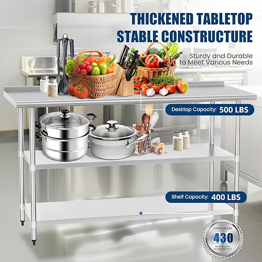 Stainless Steel Table 24 x 60 Inches Metal Work Table with 2 Adjustable Undershelves & Backsplash for Commercial Kitchen, Outdoor, Restaurant, Hotel & Garage