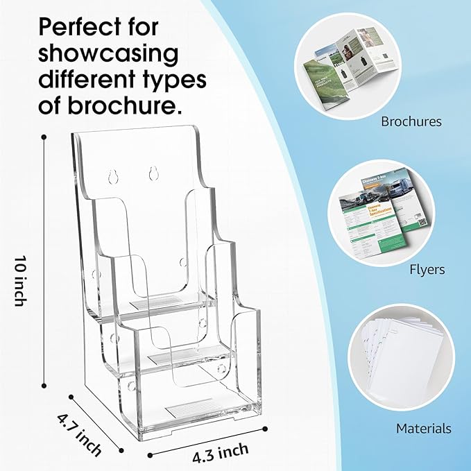 MaxGear Acrylic Brochure Holder, 4-Inch Wide 3 Tier Brochure Display Stand Clear Literature Holder Premium Acrylic Pamphlet Holder Multi Pocket, Wall Mount or Counter Top Use(2 Pack)