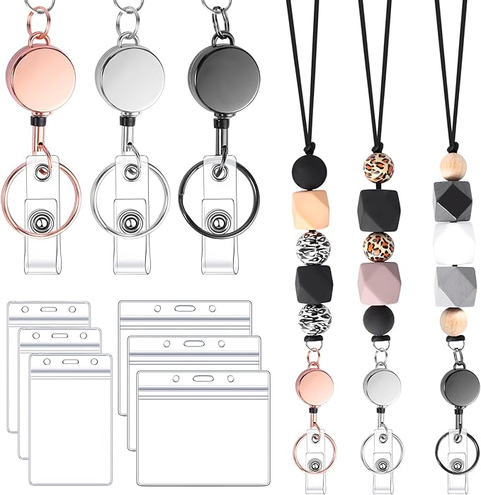 9 in 3 Set Retractable Lanyard for ID Badges, Teacher Lanyard with ID Holder Beaded Lanyards for Women Teacher Appreciation Gifts Stocking Stuffers for Girls