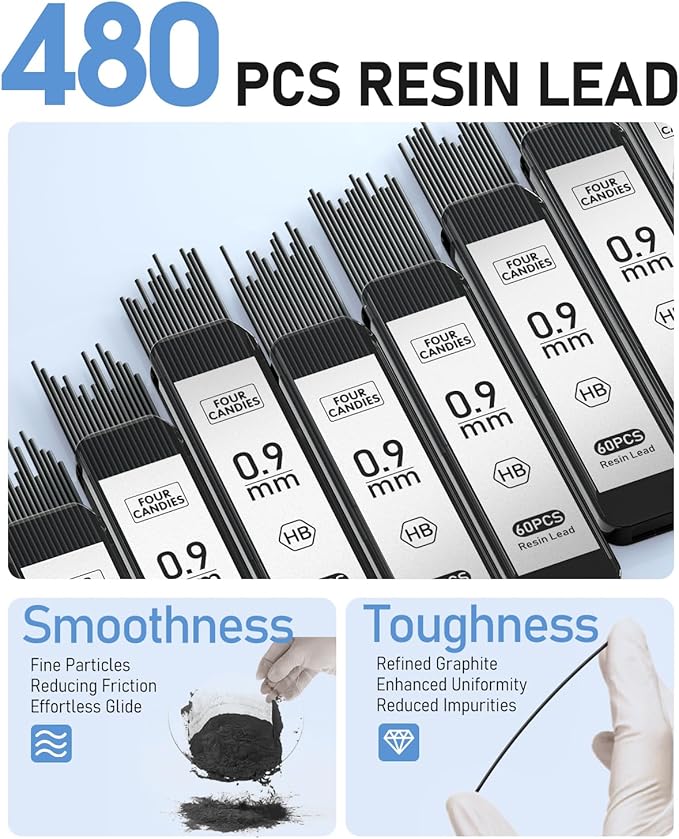 Four Candies 0.9mm Mechanical Pencil Set with Case, 3PCS Metal Artist Lead Pencil with 8 Tubes (480PCS) HB Lead Refills, 3 Erasers, 9 Eraser Refills For Engineer Art Writing Drafting, Black