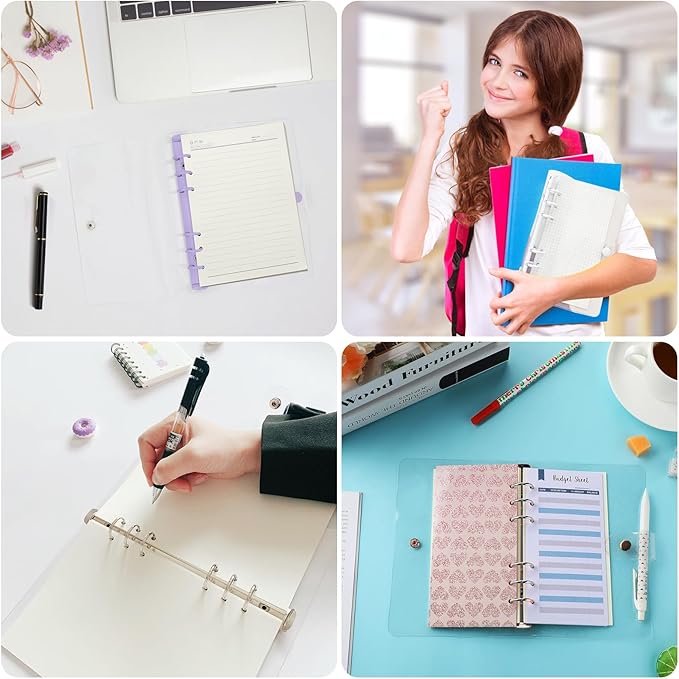 6 Pack PVC A6 Binder Transparent 6 Ring Binder Clear Soft PVC Notebook Cover Budget Planner Binder Notebook Shell Folder Cover with Snap Button for Refillable Notebook School Office Meeting