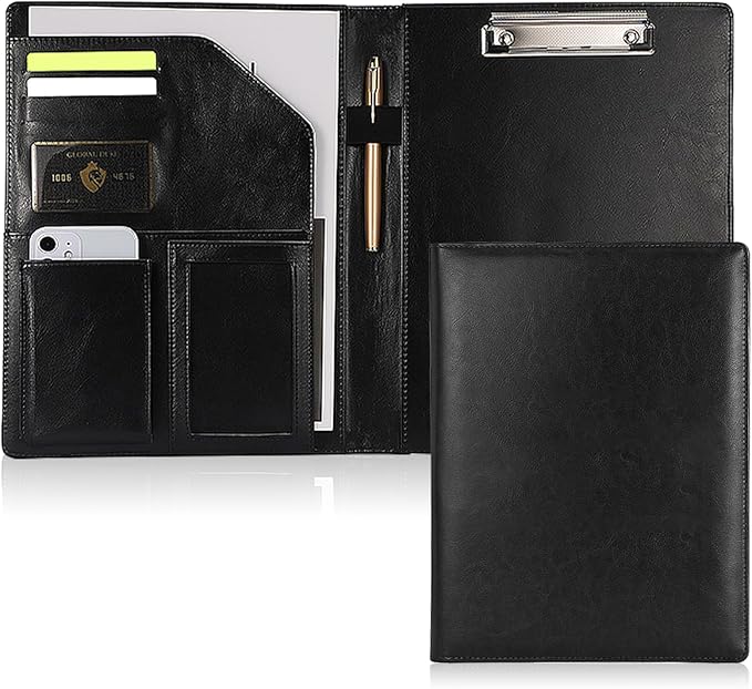 Personalized Padfolio - Customized Leather Portfolio with Logo or Text - Professional Business Portfolio with A4/US Letter Writing Pad Holder for Resumes and Interviews, Black