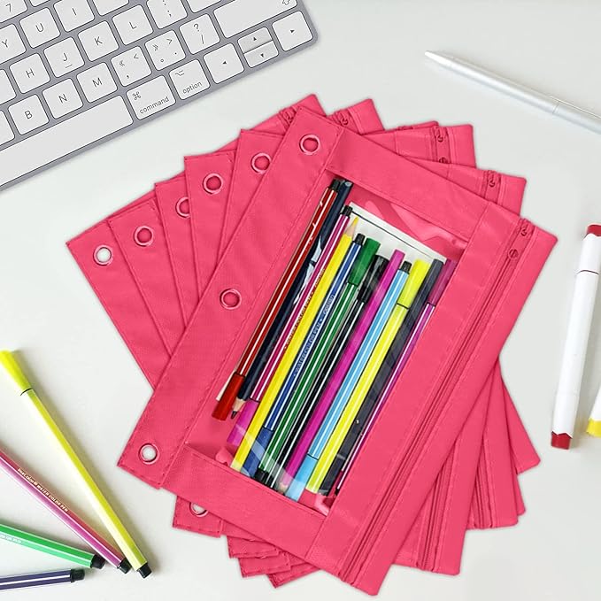 YoeeJob Pencil Pouch for 3 Ring Binder, Zipper Pencil Pouches Bulk, Pencil Case Pouch with Clear Window for Class, School, Office, Pink, 24 Packs