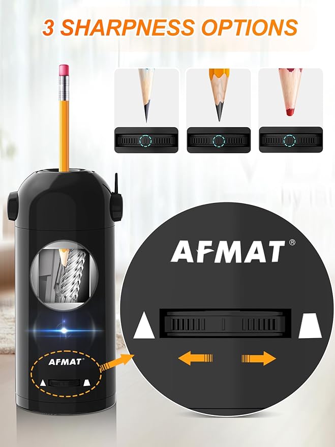 AFMAT Electric Pencil Sharpener for Colored Pencils 7-11.5mm, Robot Pencil Sharpener, Fully Automatic Rechargeable Hands-Free Pencil Sharpener for Large Pencils, Home, Classroom, Battery Operated