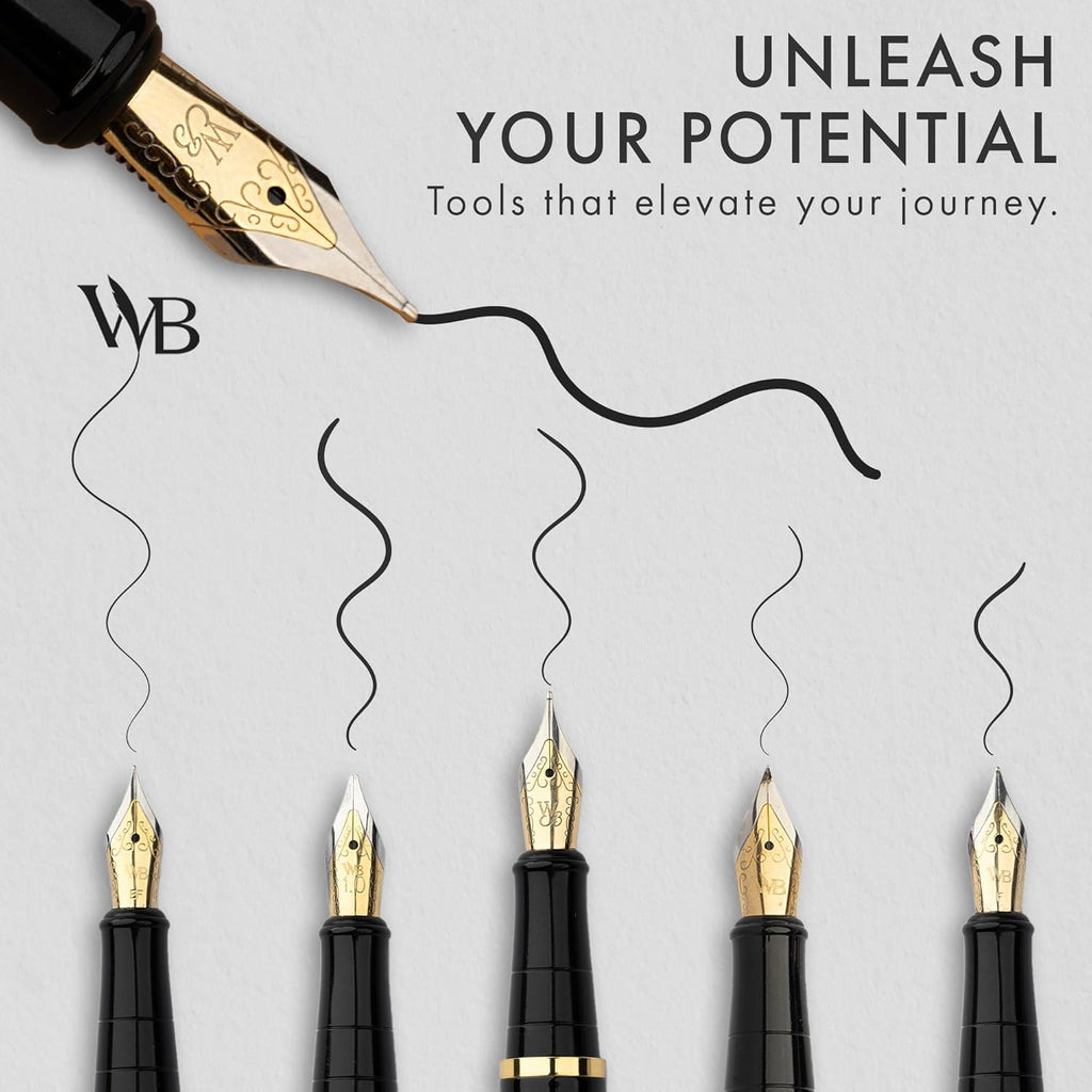 Wordsworth & Black Fountain Pen Gift Set, Includes Ink Bottle, 6 Ink Cartridges, Refill Converter, 4 Replacement Nibs, Premium Package, Journaling, Calligraphy, Smooth Writing Pens [Silver Gold]