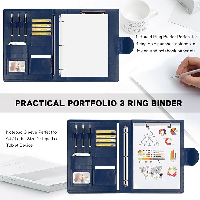 Toplive Padfolio Folder 3 Ring Binder PU Leather Portfolio, Business Interview Resume Portfolio A4/ Letter Size Document Organizer with Clipboard for Women Men, Blue