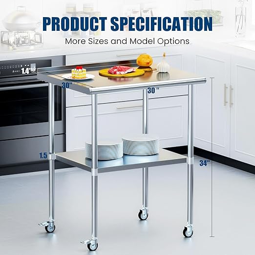 Stainless Steel Table with Wheels 30 x 30 Inches Metal Prep Table with Backsplash & Adjustable Undershelf, Stainless Table for Commercial Kitchen, Outdoor, Restaurant, Hotel & Garage