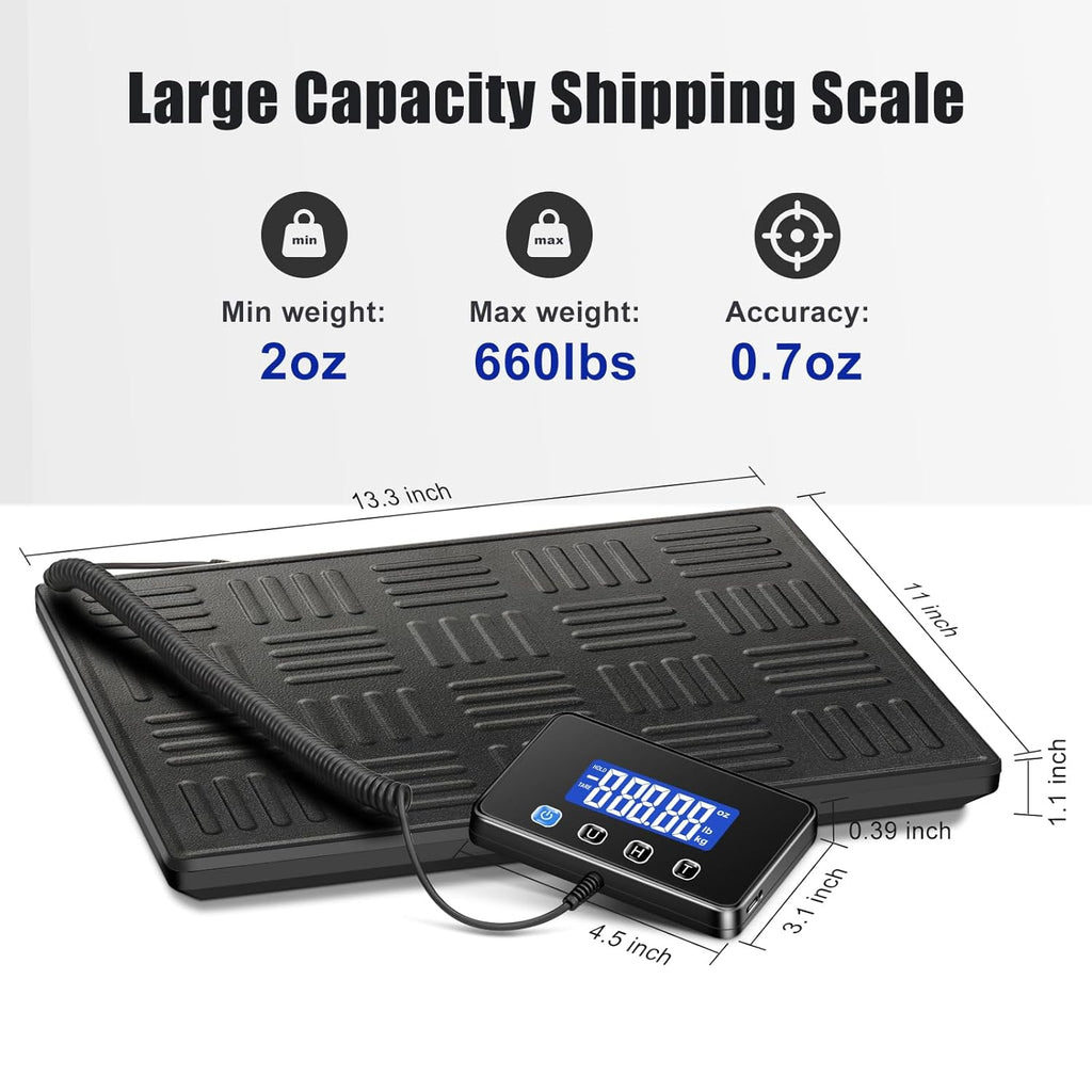 Shipping Scale, 660lbs Heavy Duty Digital Luggage Scale for Packages, 0.35oz High Accurate Postage Scale for Small Business, Warehouse, Home Use, Battery & Charging Cable Include