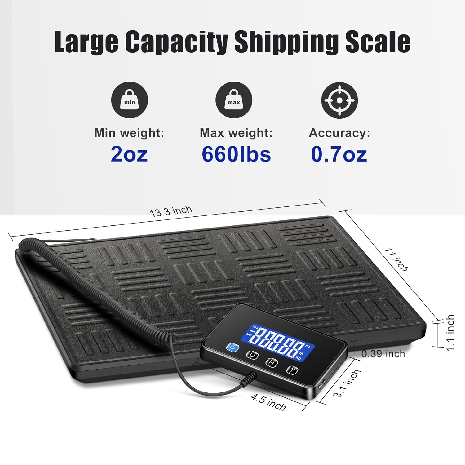 Shipping Scale, 660lbs Heavy Duty Digital Luggage Scale for Packages, 0.35oz High Accurate Postage Scale for Small Business, Warehouse, Home Use, Battery & Charging Cable Include