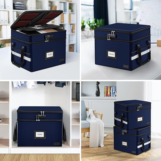ETRONIK Fireproof Document Box with Lock, 2-Layer File Box Storage Organizer with 5 Tabs& Insert, Portable File Cabinet Storage Box with Handle for Hanging Letter/Legal Size Folder/Certificate, Blue