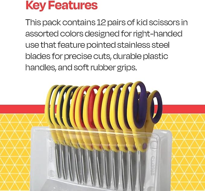 School Smart Pointed Tip Kid's Scissor, 5 Inch, Assorted Colors, Pack of 12