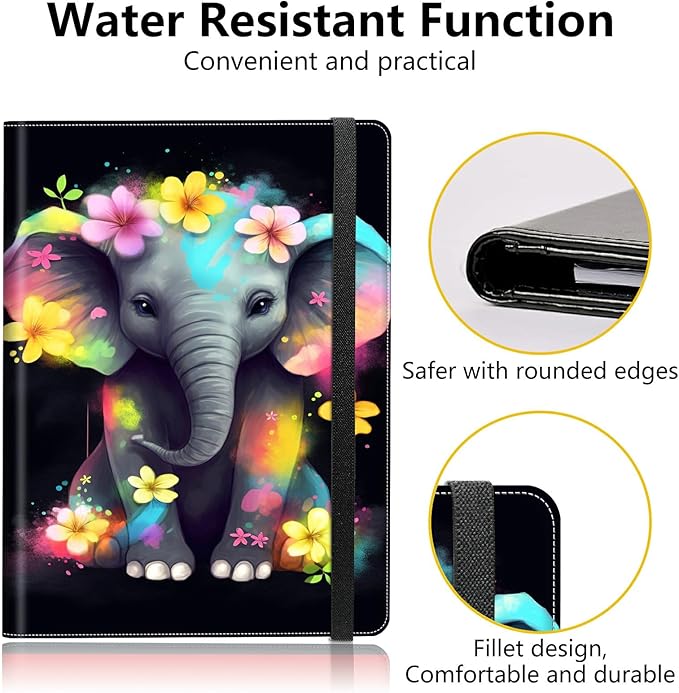 PU Leather Padfolio Folder Clipboard Portfolios Organizer Conference Document Organizer with Business Card Holder Storage Clipboard Writing Pad,Elephant with Flowers