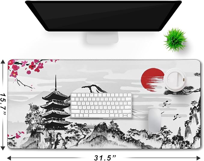 Japanese Landscape Large Mouse Pad, Large Extended Mouse Pad for Home Office Gaming Work 31.5x15.7inch, Big Computer Mousepad Waterproof Non-Slip Rubber Mice Pads Stitched Edges
