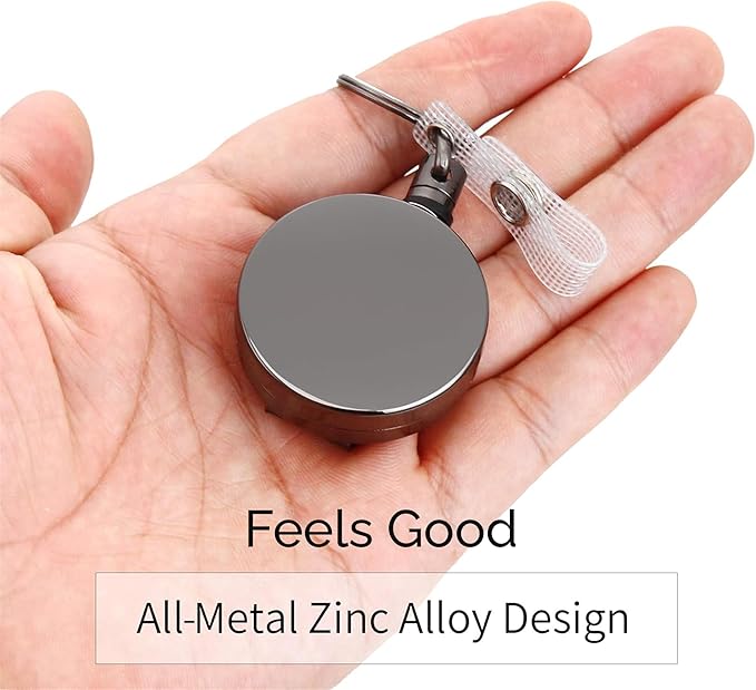 Will Well ID Badge Holder Reel with Clip and Keyring - Heavy-Duty All-Metal Casing with 27.5" UHMWPE Fiber Pull Cord for Durability and Easy Access, Holds up to 8 Keys - 2-Pack, Round, Glossy Black