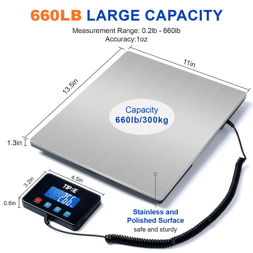 Digital Shipping Postal Scale 660lb/1oz Accuracy! Heavy Duty Postage Scale Extra-Large Capacity Stainless Industrial Scale for Small Business, Warehouse, Home, Battery&Charging Cable Included